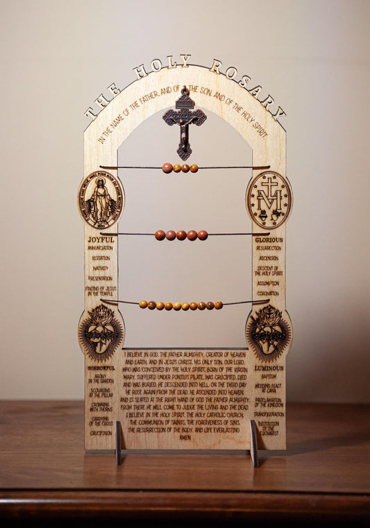 3-in-One Kitchen Rosary, 12" x 6", Laser-Engraved Birch Wood, For Fridge, Countertop, Wall, Made in the USA, Catholic Living