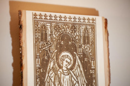 Saint Michael the Archangel, 7.5 x 11 inch Laser-Engraved Wood Wall Art with Bark Edge, Engraved in the USA, Catholic Living