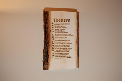 The Apostles' Creed, I Believe, 7.5 x 11 inch Laser-Engraved Wood Wall Art with Bark Edge, Engraved in the USA
