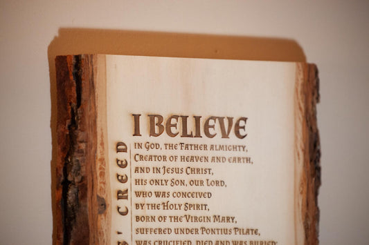 The Apostles' Creed, I Believe, 7.5 x 11 inch Laser-Engraved Wood Wall Art with Bark Edge, Engraved in the USA
