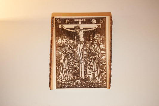The Crucifixion, 10.5 x 13 inch Laser-Engraved Wood Wall Art with Bark Edge, Engraved in the USA