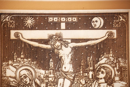 The Crucifixion, 10.5 x 13 inch Laser-Engraved Wood Wall Art with Bark Edge, Engraved in the USA