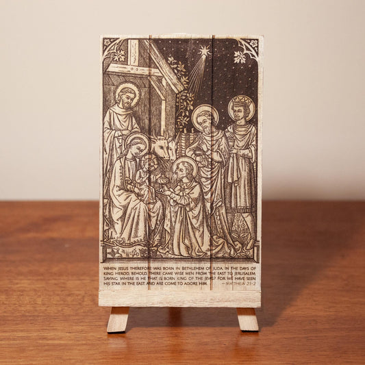 Three Wise Men, Epiphany, Nativity, Christmas, Laser-Engraved Wood Panel Easel Art, approximately 4.75" x 7.5"  | Engraved in the USA
