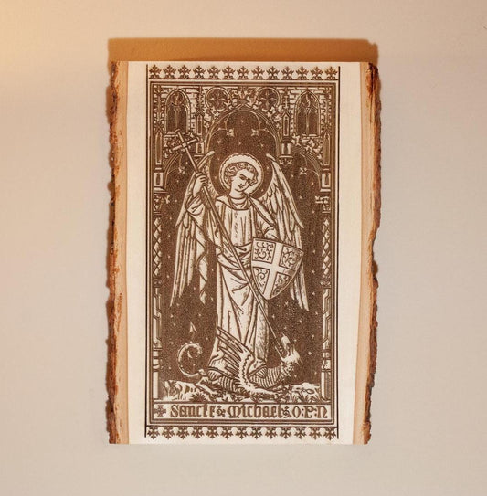 Saint Michael the Archangel, 7.5 x 11 inch Laser-Engraved Wood Wall Art with Bark Edge, Engraved in the USA, Catholic Living