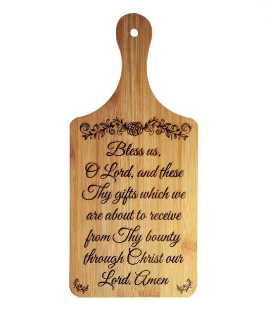 Grace Before Meals, Bless Us O Lord, Decorative Bamboo Cutting Board, 11" x 5" x 0.39" | Engraved in the USA | Catholic Living
