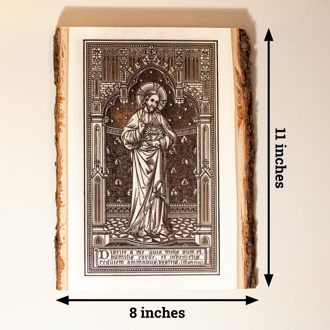 Sacred Heart of Jesus, Learn From Me (Matthew) 8" x 11" Laser-Engraved Wood Wall Art with Bark Edge, Engraved in the USA, Catholic Living