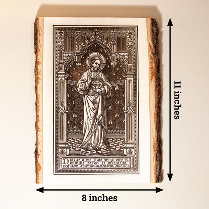 Sacred Heart of Jesus, Learn From Me (Matthew) 8" x 11" Laser-Engraved Wood Wall Art with Bark Edge, Engraved in the USA, Catholic Living