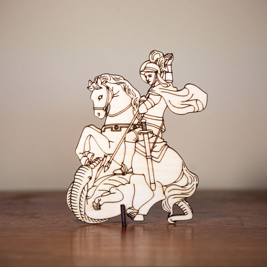 Saint George and the Dragon, Paint Your Own Mini Saint Cutout Figurines, Birch Wood, 5" x 4", Laser Cut and Engraved in the USA