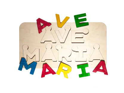 Large Ave Maria Letter Puzzle, Made in the USA from Birch Wood, 11" x 5.5", Catholic Education, Home School