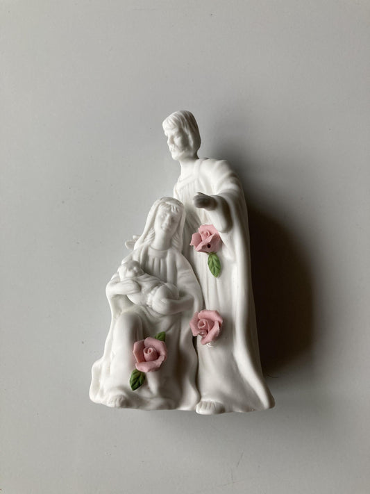 Vintage Holy Family Statue with Roses, Porcelain, 5 inches
