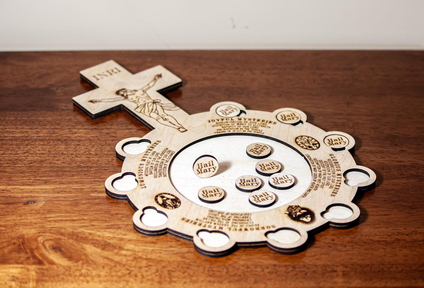 Interactive Wooden Rosary Board, 9x13" | Catholic Family Tabletop Rosary | Laser Engraved Baltic Birch | Made in the USA | Catholic Living