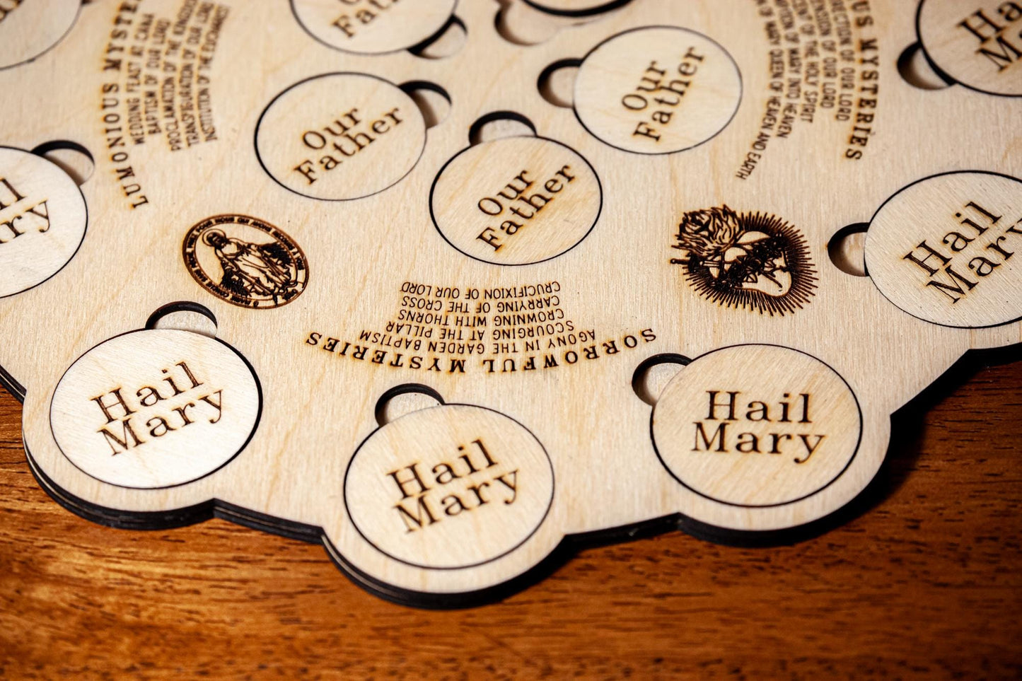 Interactive Wooden 5-Decade Rosary Board, 10x13" | Catholic Family Tabletop Rosary Puzzle | Laser Engraved Baltic Birch | Made in the USA