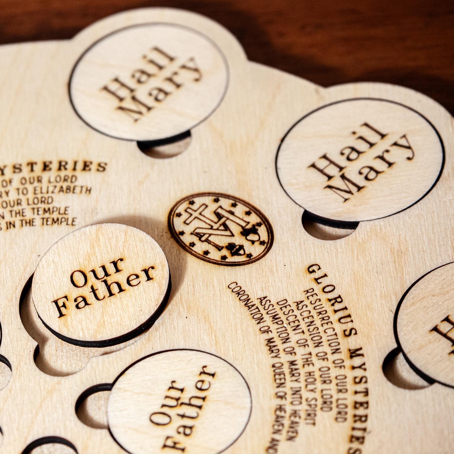 Interactive Wooden 5-Decade Rosary Board, 10x13" | Catholic Family Tabletop Rosary Puzzle | Laser Engraved Baltic Birch | Made in the USA