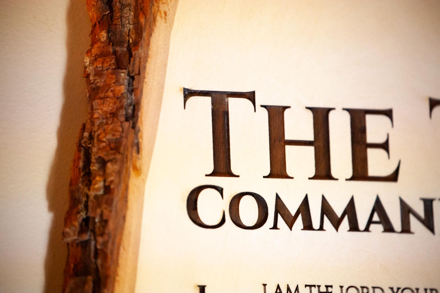 The Ten Commandments, 11" x 16" Laser-Engraved Wood Wall Art with Bark Edge, Engraved in the USA, Catholic Living