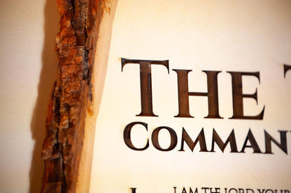 The Ten Commandments, 11" x 16" Laser-Engraved Wood Wall Art with Bark Edge, Engraved in the USA, Catholic Living