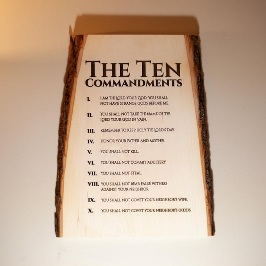 The Ten Commandments, 11" x 16" Laser-Engraved Wood Wall Art with Bark Edge, Engraved in the USA, Catholic Living