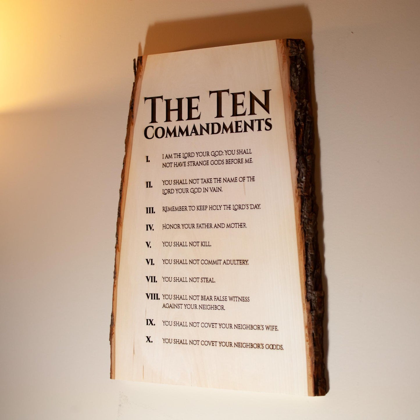 The Ten Commandments, 11" x 16" Laser-Engraved Wood Wall Art with Bark Edge, Engraved in the USA, Catholic Living