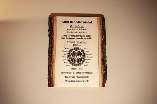 Saint Benedict Medal Explained, 10" x 13" Laser-Engraved Wood Wall Art with Bark Edge, Engraved in the USA, Catholic Living