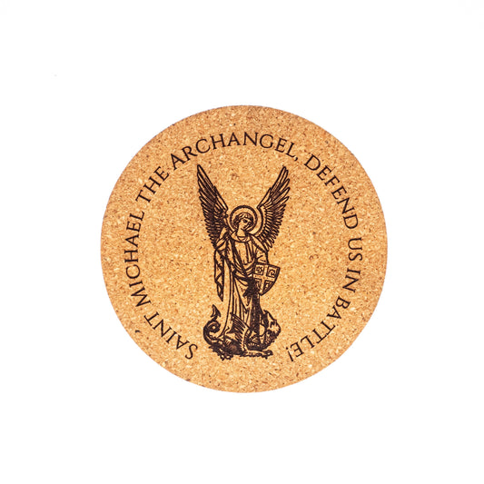 St. Michael the Archangel Catholic Coaster – Laser Engraved Cork Drink Coaster – Spiritual Home Decor Gift – Desk, Kitchen, End Table