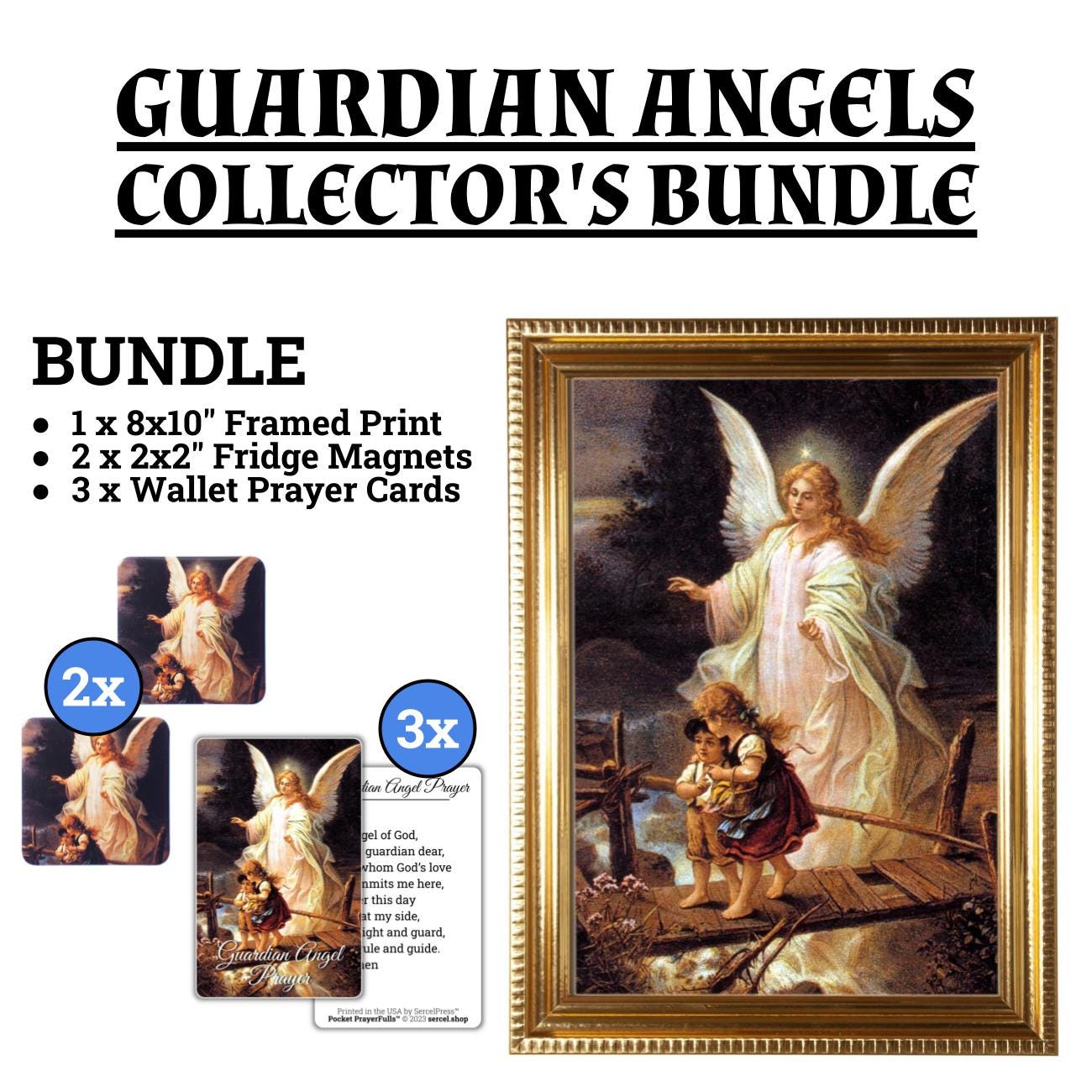 Guardian Angel Framed Print, Hand-Framed Original Design—Restored Antique Artwork—Gold Frame, Catholic Decor, Home Altar, Gift, 5x7, 8x10