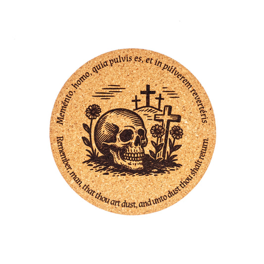Memento Mori Catholic Coaster – Skull and Crosses Design – Laser Engraved Cork – Latin & English “Remember, Man, That Thou Art Dust”