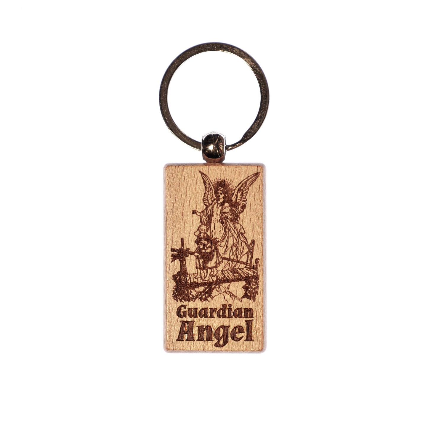 Guardian Angel Solid Wood Keychain, Engraved in the USA, Catholic Gift