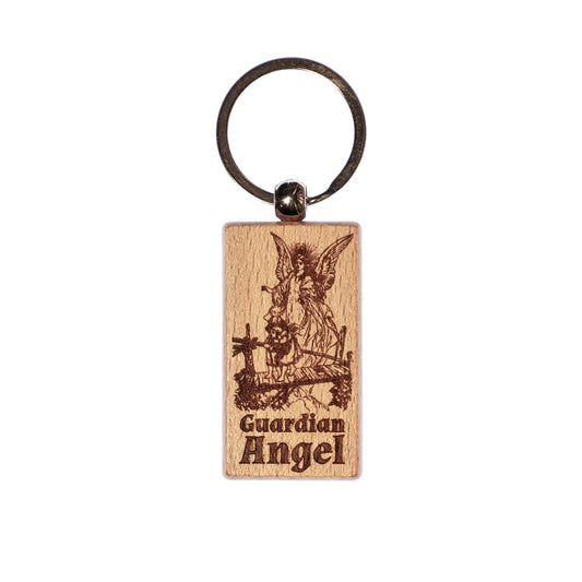 Guardian Angel Solid Wood Keychain, Engraved in the USA, Catholic Gift