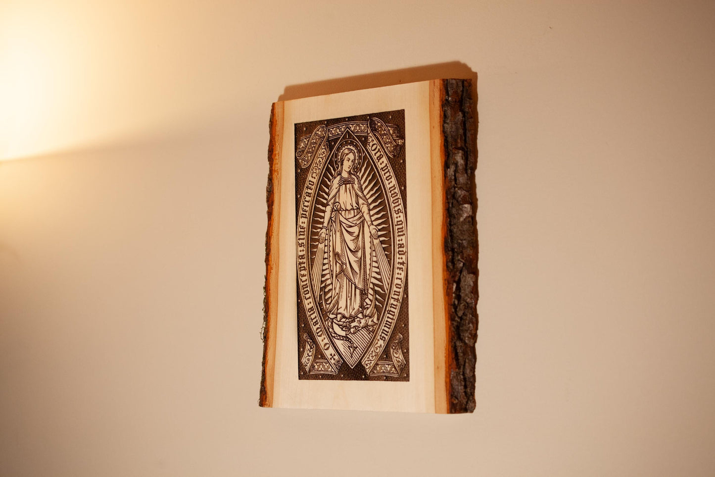 Sacred Heart of Jesus, Learn From Me (Matthew) 9" x 13" Laser-Engraved Wood Wall Art with Bark Edge, Engraved in the USA, Catholic Living