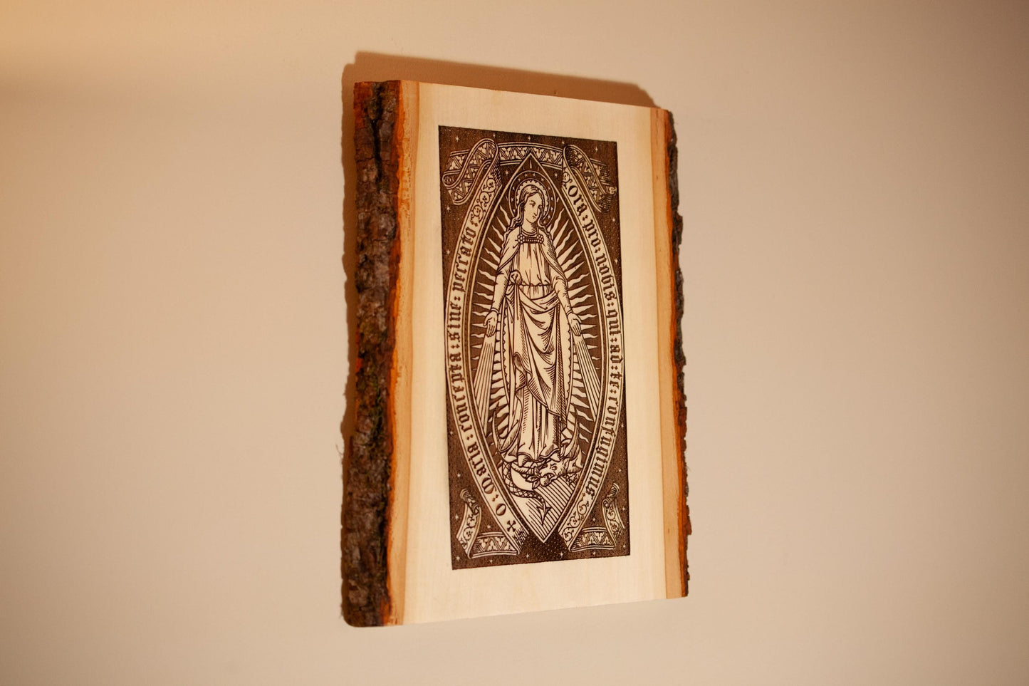 Sacred Heart of Jesus, Learn From Me (Matthew) 9" x 13" Laser-Engraved Wood Wall Art with Bark Edge, Engraved in the USA, Catholic Living