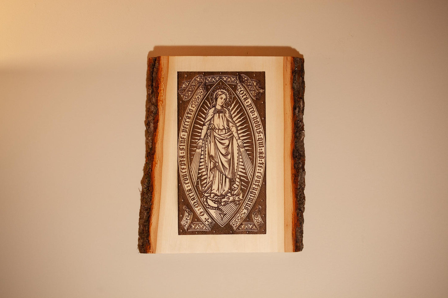 Sacred Heart of Jesus, Learn From Me (Matthew) 9" x 13" Laser-Engraved Wood Wall Art with Bark Edge, Engraved in the USA, Catholic Living
