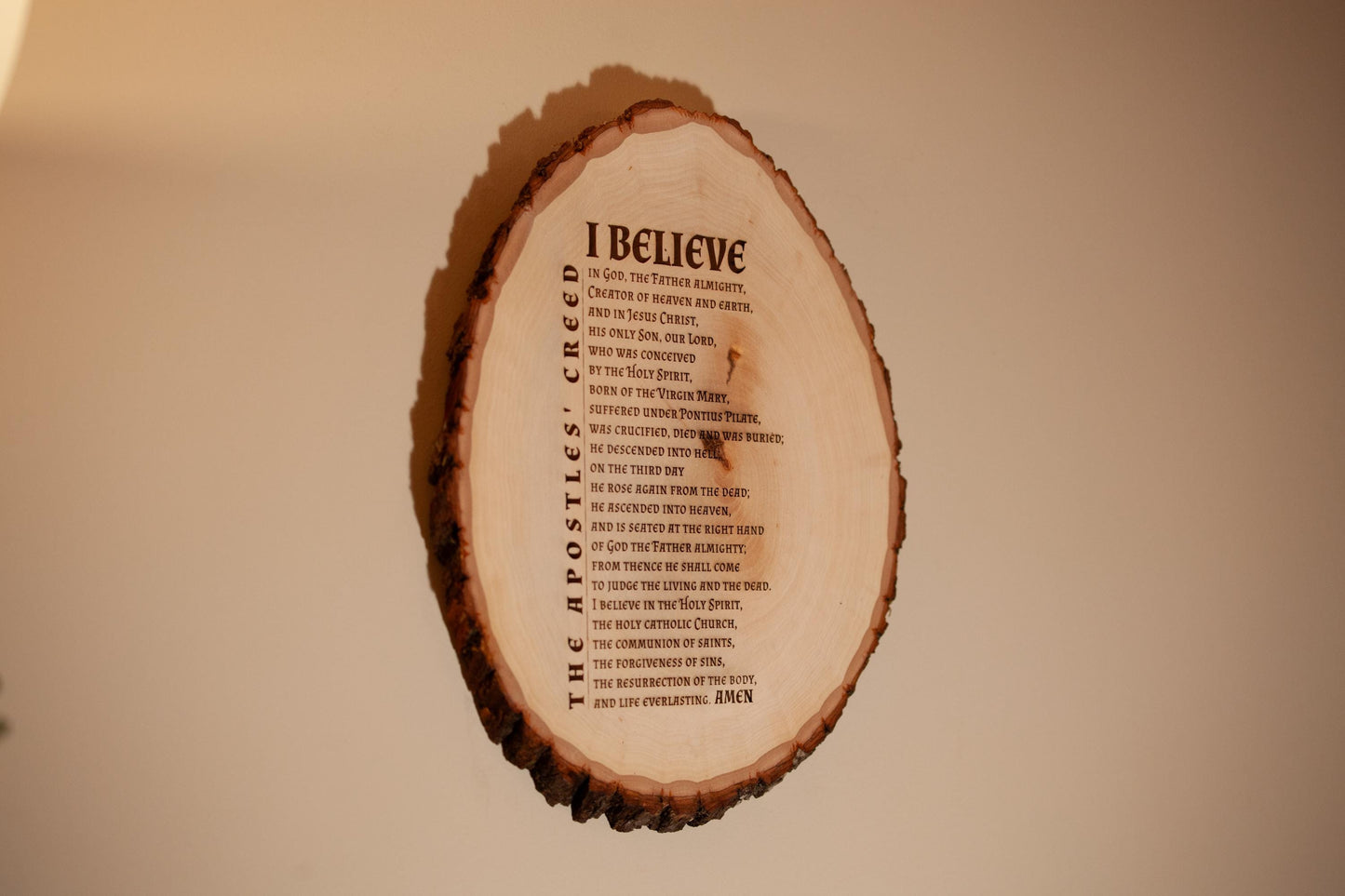 The Apostles' Creed, I Believe, 10 x 12 inch Laser-Engraved Wood Wall Art with Bark Edge, Engraved in the USA