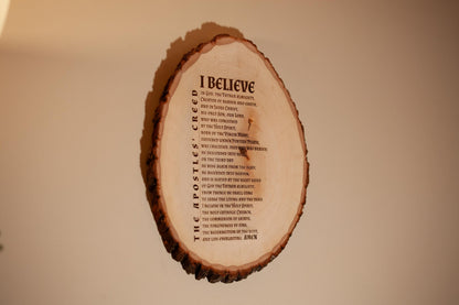The Apostles' Creed, I Believe, 10 x 12 inch Laser-Engraved Wood Wall Art with Bark Edge, Engraved in the USA