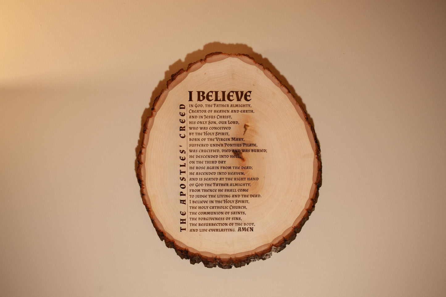 The Apostles' Creed, I Believe, 10 x 12 inch Laser-Engraved Wood Wall Art with Bark Edge, Engraved in the USA