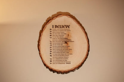 The Apostles' Creed, I Believe, 10 x 12 inch Laser-Engraved Wood Wall Art with Bark Edge, Engraved in the USA