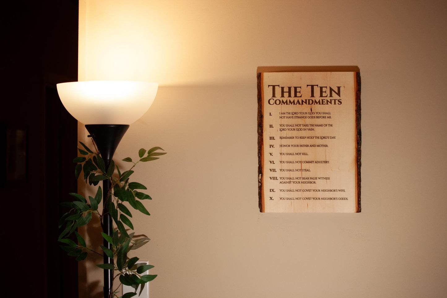 The Ten Commandments, 11" x 16" Laser-Engraved Wood Wall Art with Bark Edge, Engraved in the USA, Catholic Living