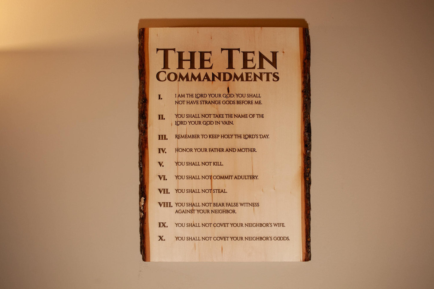 The Ten Commandments, 11" x 16" Laser-Engraved Wood Wall Art with Bark Edge, Engraved in the USA, Catholic Living