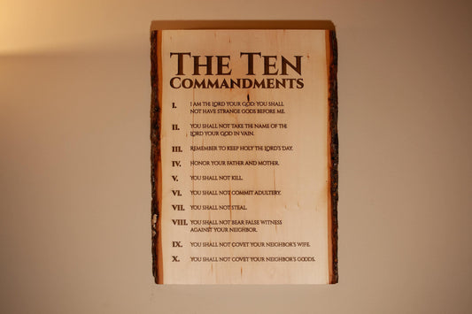 The Ten Commandments, 11" x 16" Laser-Engraved Wood Wall Art with Bark Edge, Engraved in the USA, Catholic Living
