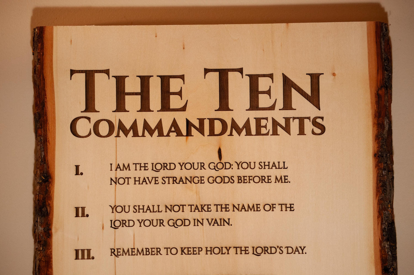 The Ten Commandments, 11" x 16" Laser-Engraved Wood Wall Art with Bark Edge, Engraved in the USA, Catholic Living