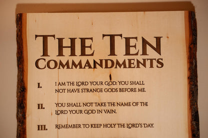 The Ten Commandments, 11" x 16" Laser-Engraved Wood Wall Art with Bark Edge, Engraved in the USA, Catholic Living