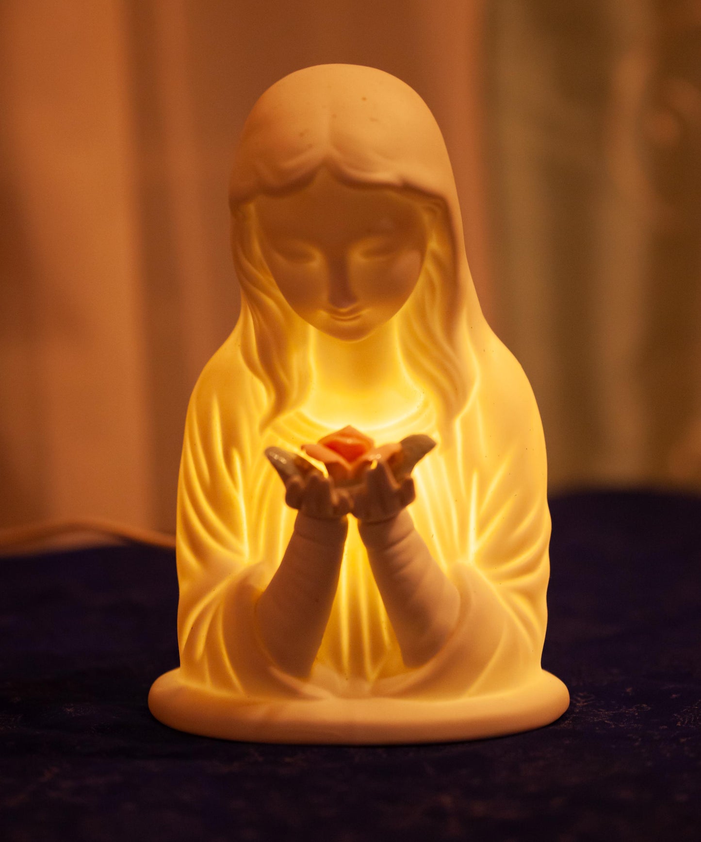 Vintage Mary with Rose Nightlight Statue, Porcelain, 7 inches, with LED Bulb, Wire, Plug