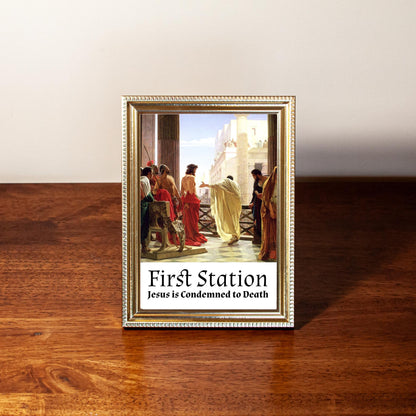 Stations of the Cross, Set of 14 Hand-Framed 5x7 Prints—Original Design with Restored Antique Artwork—Gold Frame