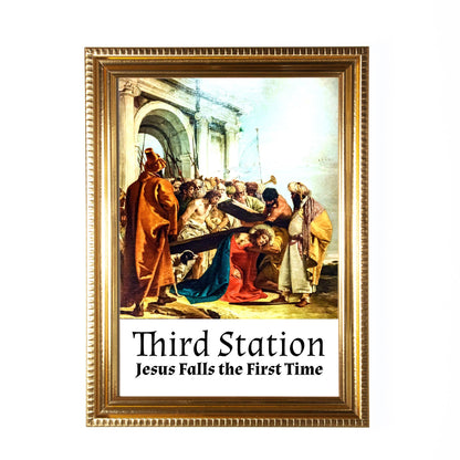 Stations of the Cross, Set of 14 Hand-Framed 5x7 Prints—Original Design with Restored Antique Artwork—Gold Frame
