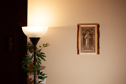 Sacred Heart of Jesus, Learn From Me (Matthew) 9" x 13" Laser-Engraved Wood Wall Art with Bark Edge, Engraved in the USA, Catholic Living