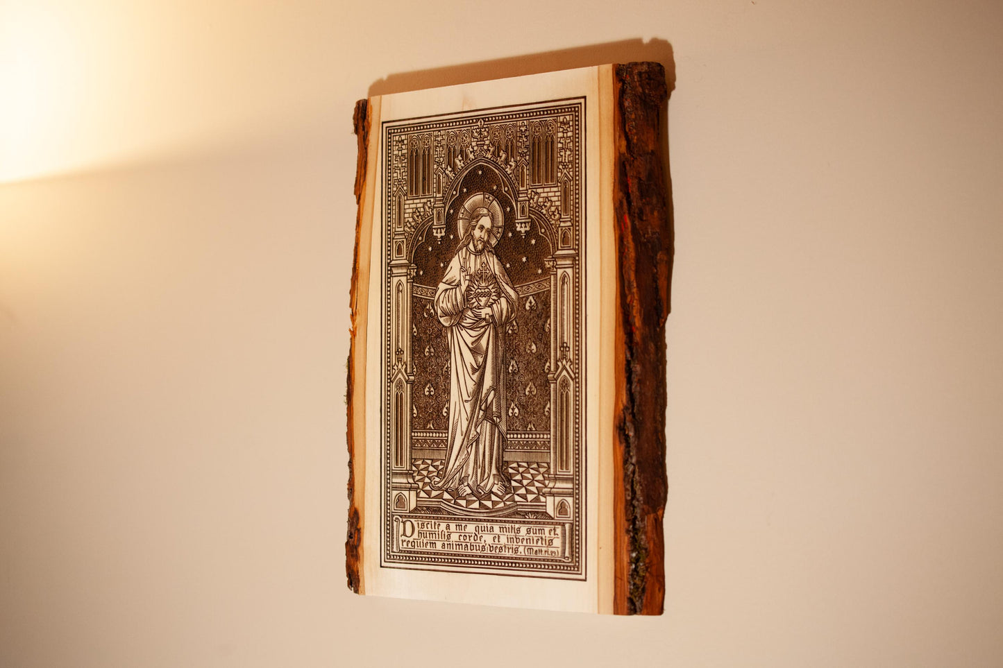 Sacred Heart of Jesus, Learn From Me (Matthew) 9" x 13" Laser-Engraved Wood Wall Art with Bark Edge, Engraved in the USA, Catholic Living
