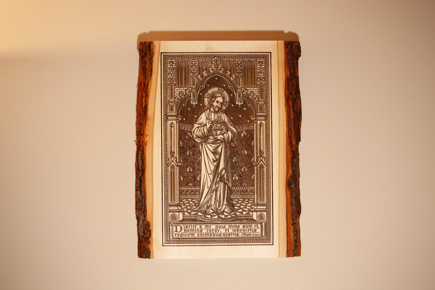 Sacred Heart of Jesus, Learn From Me (Matthew) 9" x 13" Laser-Engraved Wood Wall Art with Bark Edge, Engraved in the USA, Catholic Living