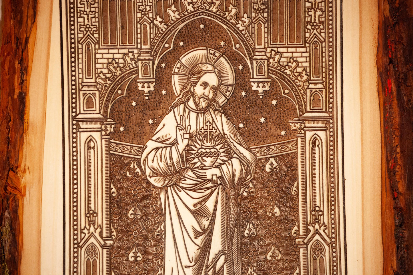 Sacred Heart of Jesus, Learn From Me (Matthew) 9" x 13" Laser-Engraved Wood Wall Art with Bark Edge, Engraved in the USA, Catholic Living