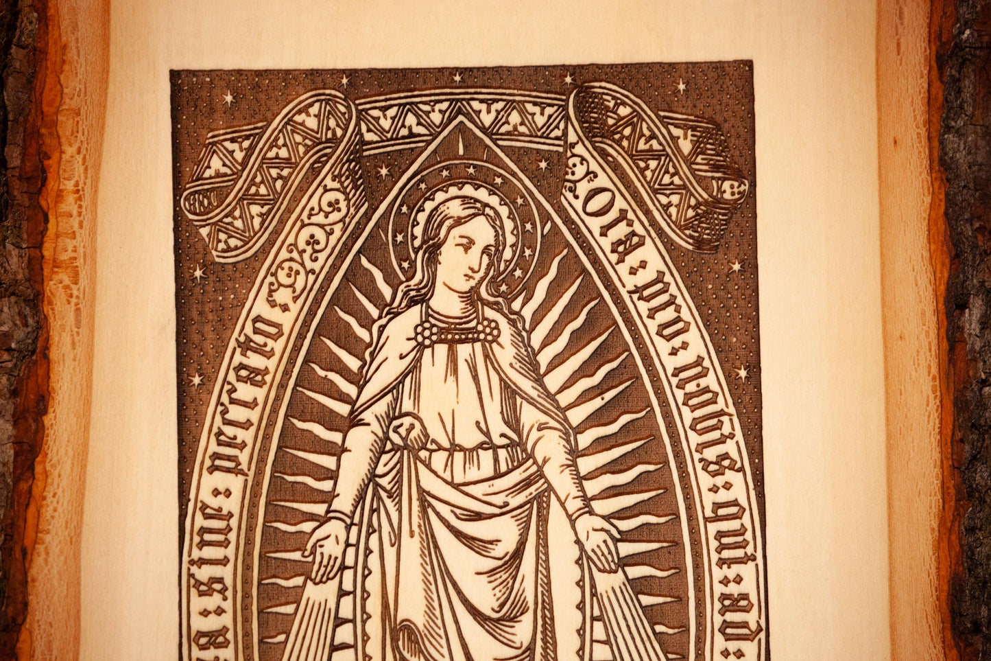 Sacred Heart of Jesus, Learn From Me (Matthew) 9" x 13" Laser-Engraved Wood Wall Art with Bark Edge, Engraved in the USA, Catholic Living