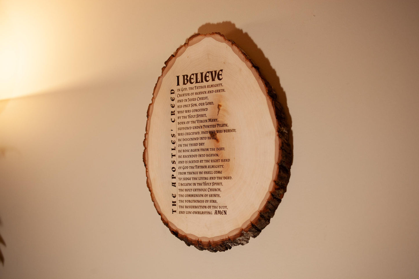 The Apostles' Creed, I Believe, 10 x 12 inch Laser-Engraved Wood Wall Art with Bark Edge, Engraved in the USA
