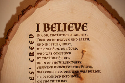 The Apostles' Creed, I Believe, 10 x 12 inch Laser-Engraved Wood Wall Art with Bark Edge, Engraved in the USA