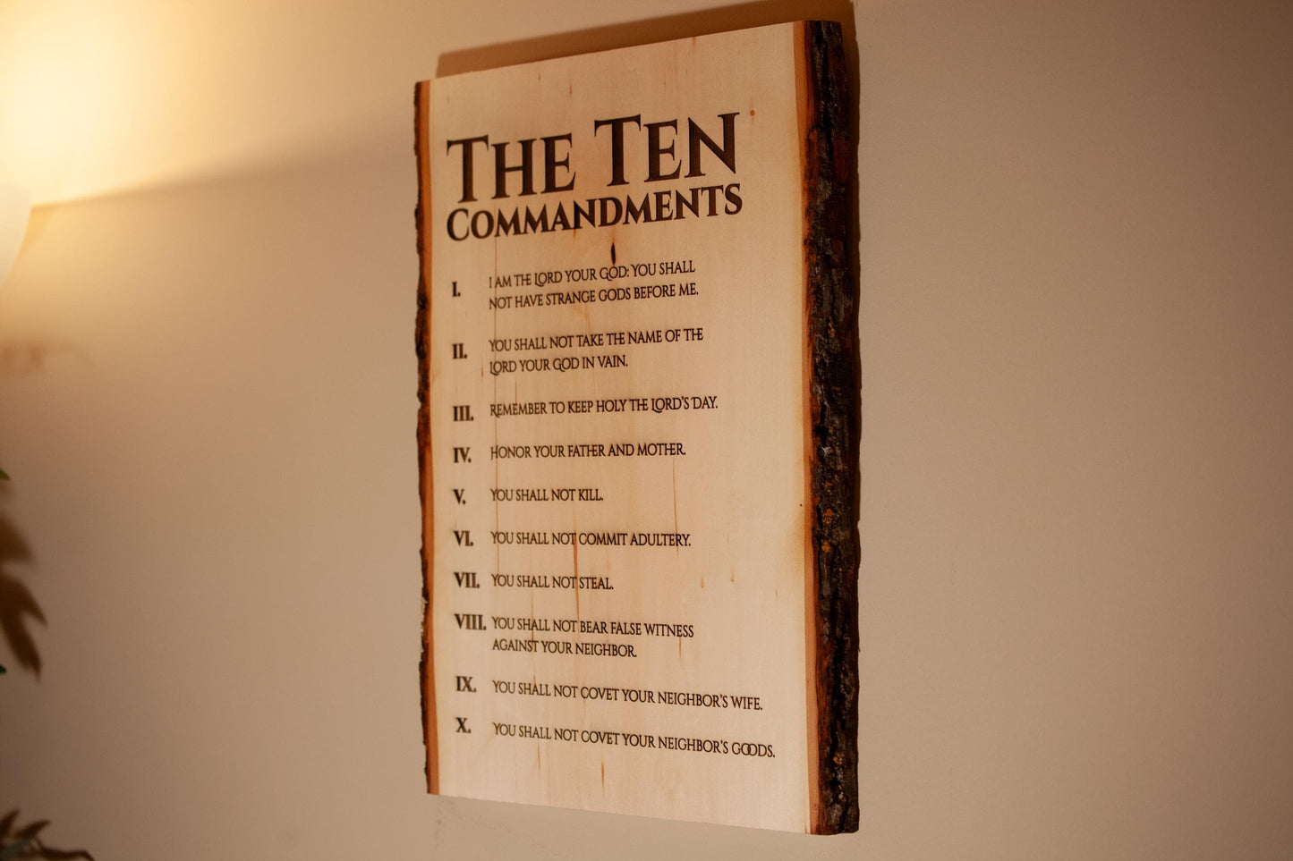 The Ten Commandments, 11" x 16" Laser-Engraved Wood Wall Art with Bark Edge, Engraved in the USA, Catholic Living